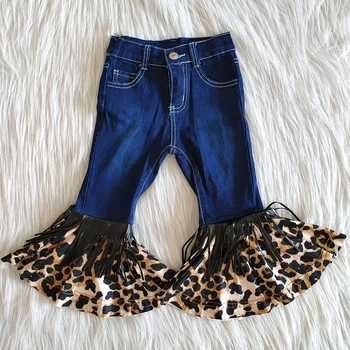 Sprzedaż hurtowa moda dla dzieci hotel jeans baby girls leopard bell spodnie dziewczyna wysokiej jakości spodnie jeansowe z pędzelkiem