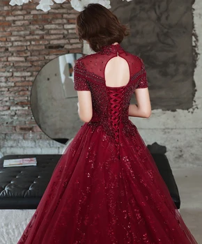 SSYFashion New Luxury Wine Red Evening Dress Vintage High Neck Sequins Beading Long Prom Dresses Suknia Vestidos De Noche