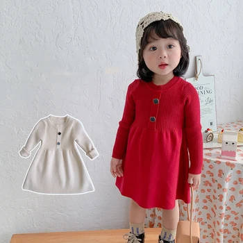 Stałe Sukienka Dla Dziewczynek Jesienne Ubrania Nowe Dziecko Koreański Styl W Talii Z Długim Rękawem, Z Dzianiny Damskie Sukienki Świąteczne Dla Dziewczyn