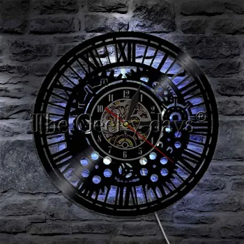Steampunk pasek mechanizm wisząca led płyta Winylowa zegar ścienny koła zębate wielokolorowe oświetlenie dekoracyjne