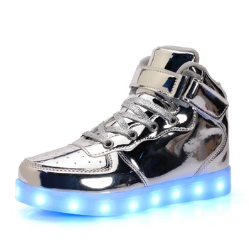 STRONGSHEN Led Children Shoes 2018 USB Charging Basket Shoes With Light Up Kids Casual Boys&Girls Luminous Sneakers Gold silver