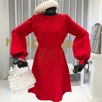 Szlafroki Femme Nouveautes 2020 Księżniczka styl Czerwone вязаное sukienka z latarnią rękaw o długości do kolan cebula piękne sukienki