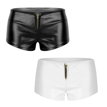 TiaoBug Women Wet Look Faux Leather Front Zippered Low Waist Booty Szorty Nightclub Festival Party Dance Mini Hot Sexy Shorts