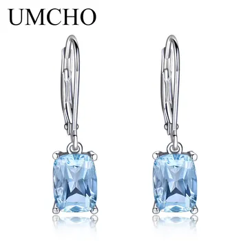UMCHO Blue Topaz Gemstone Drop kolczyki dla kobiet stałe 925 srebro kolczyki kolczyki ślubne biżuteria prezenty dla niej