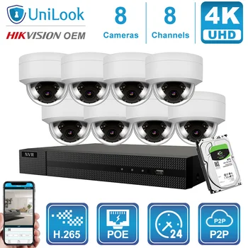 UniLook 8CH NVR 4/6/8Pcs 8MP 4K Dome POE IP Camera Outdoor Security System Night Vision Hikvsiion OEM Onvif H. 265 P2P NVR Kits