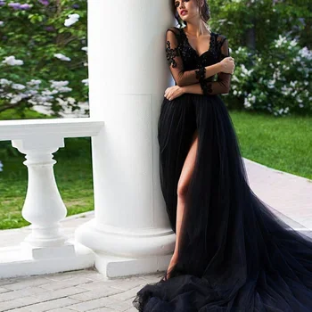 Vestido de festa Longo 34 sukienka koraliki szlafrok de wieczór długi tiul suknie wieczorowe Sheer boczna szczelina suknia wieczorowa