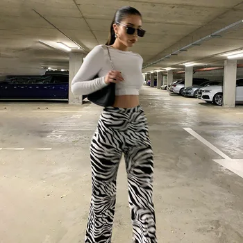 WannaThis Zebra Print Szerokie Spodnie Spodnie Sexy Wysoka Talia Jesień Kobiety Nowy 2020 Moda Casual Spodnie Damskie Odzież Uliczna