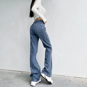 Weekeep Żebrowane Vintage Bluzka Jeans Odzież Damska Patchwork Nieregularne Z Niskiej Talii Cienkie, Proste Dżinsy, Długie Spodnie Wiosna 2021
