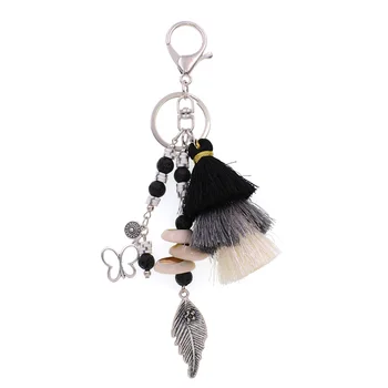 WELLMORE new handmade stone beads /shell with long pomponem alloy Key Chain For Women Girl Bag Keychain