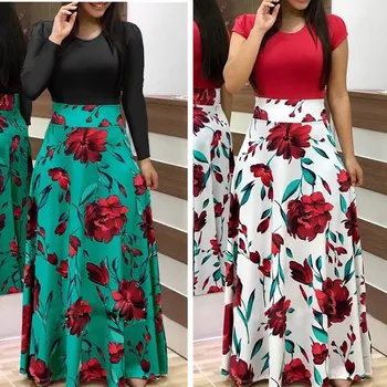 Wiosna-Lato, Dla Kobiet, Sukienka 2020 Codzienne Z Długim Rękawem, Dekolt Tunika Patchwork Sukienki Moda Vintage Print Maxi Sukienka Vestidos