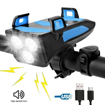 Wodoodporny USB rowerowa światło 4 w 1 Akumulator jazda na Rowerze przedni reflektor 3 led z rowerowych róg i funkcją uchwytu telefonu
