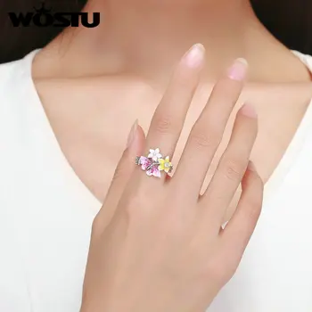 WOSTU oryginalny kolor srebrny motyl i kwiat kolorowe palec pierścionek perełki biżuteria moda prezent zaręczynowy ślub ZBFR199