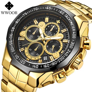 WWOOR dorywczo zegarki sportowe męskie czarne złote duże Luksusowe zegarki wodoodporne zegarki wojskowe Man Fashion Chronograph Reloj Hombre