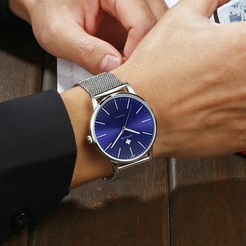 WWOOR zegarki męskie 2020 luksusowej marki proste cienki zegarek kwarcowy zegarek dla mężczyzn Niebieska stalowa siatka dorywczo wodoodporny zegarek męskie zegarki