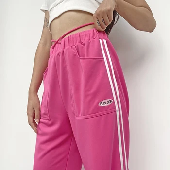 Y2k Estetyczne Spodnie Różowe Spodnie Średniej Talii Paski Długie Sportowe Paski Kieszenie Temat Hip-Hop Bezpośrednie Myjące Damskie Sportowe Spodnie