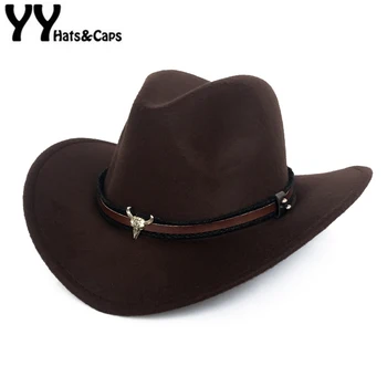 YY Metal Bull Belt Fedora Cap for Men Wide Rondem Western Cowboy Cowgril Hats jesień zima ciepła трилби Panama Jazz Cap FD19032