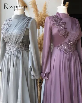 Z długim rękawem eleganckie damskie suknie wieczorowe 2020 wysokiej szyi A-line / princess dekolt muzułmański ciemno-niebieski szyfon Dubaj formalne suknie wieczorowe