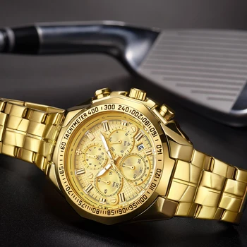 Zegarek męski Top Brand Luxury WWOOR Golden Chronograph Watch Man Gold Big Dial męskie zegarki męskie Relogio Masculino bezpłatny prezent