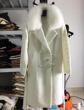 Zimowa moda naturalny lisie futro mieszanki wełny płaszcz dwurzędowy кашемировое płaszcz bawełnianej napełnianie grubsze ciepłą odzież F937