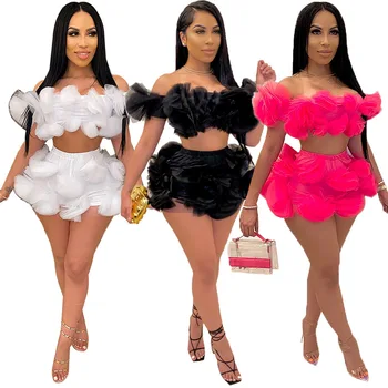 Zoctuo 2020 Solid Two Piece Sets for Women Slash Neck, Off Shoulder Sexy Two Piece Set Płatek Sleeve Mesh Club Two Piece Set