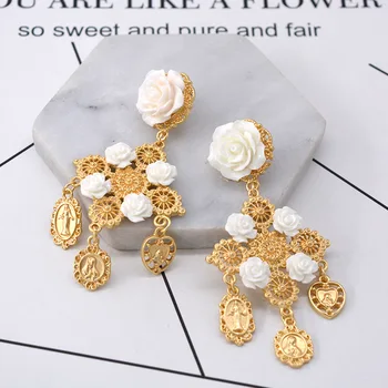 Złote Kolczyki W Stylu Barokowym Dla Kobiet Pendientes Mujer Moda 2018 Flower Long Big Drop Earing Kolczyki Brincos Aretes Biżuteria Oorbellen