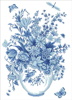 Świeże nastrój Haft Krzyżem Pakiet niebieski kwiat motyl Wazon 18ct 14ct 11ct tkaniny bawełniane nici haft DIY handmade rękodzieło
